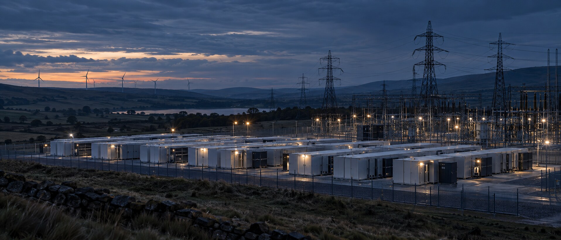 Battery storage and electricity network infrastructure at dusk